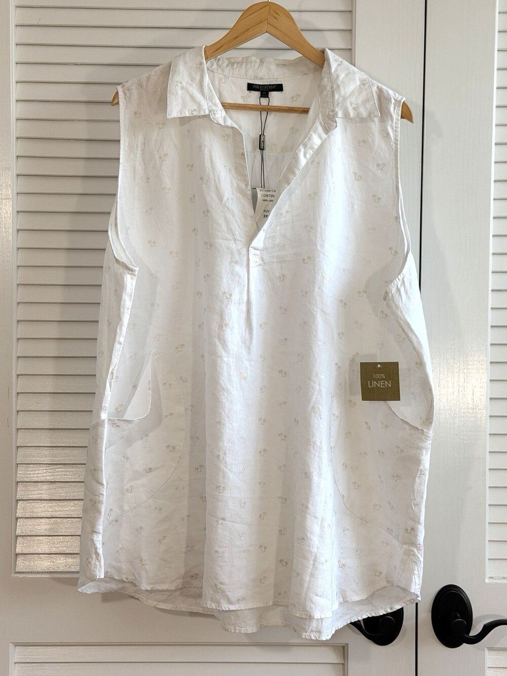 For Cynthia Womens 3X 100% Linen Tunic Top White Gold Palm Tree NWT Pockets